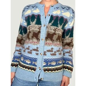 Orvis Vintage Woodland Fair Isle Cardigan Sweater Shetland Wool Deer Fish Blue M